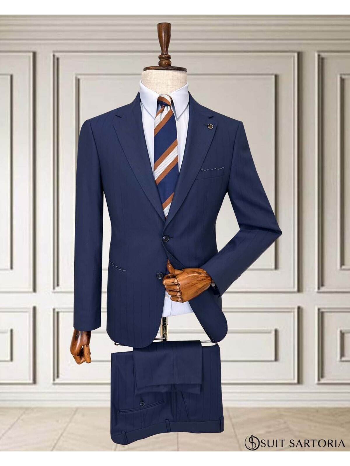 Lacivert Çizgili Mono Yaka Teğel Detaylı Takım | Suit Sartoria