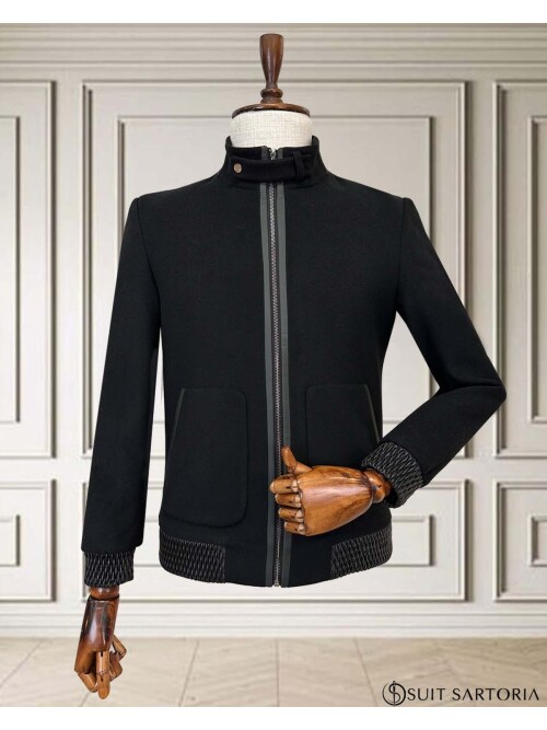 SUIT SARTORIA Mens Black Stand Collar Zipper Jacket