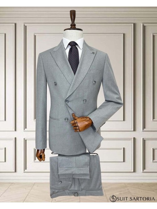 Grey Peak Lapel Double-Breasted Suit with Pick Stitching