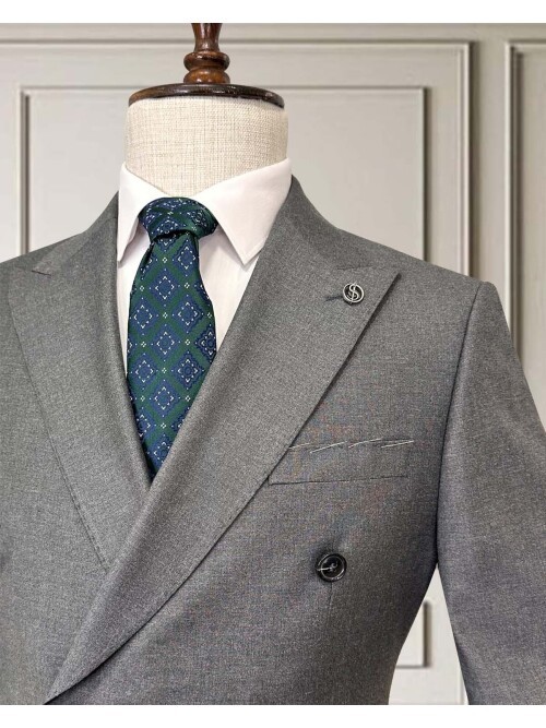 Grey Peak Lapel Double-Breasted Suit with Pick Stitching