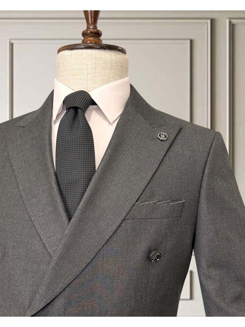 Dark Grey Peak Lapel Double-Breasted Suit with Pick Stitching
