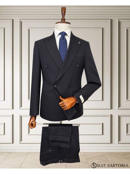 Navy Blue Peak Lapel Double Breasted Men’s Suit
