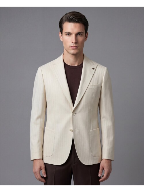Beige Peak Lapel Patch Pocket Comfort Fit Jacket