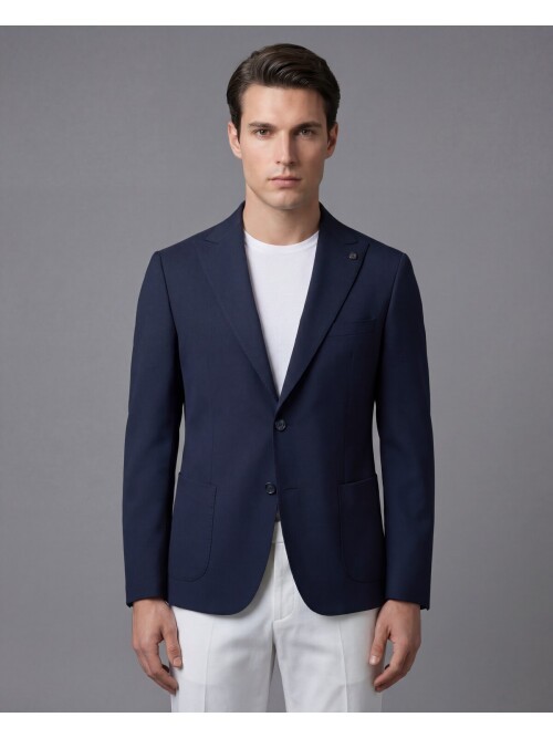 Navy Blue Peak Lapel Patch Pocket Comfort Fit Blazer