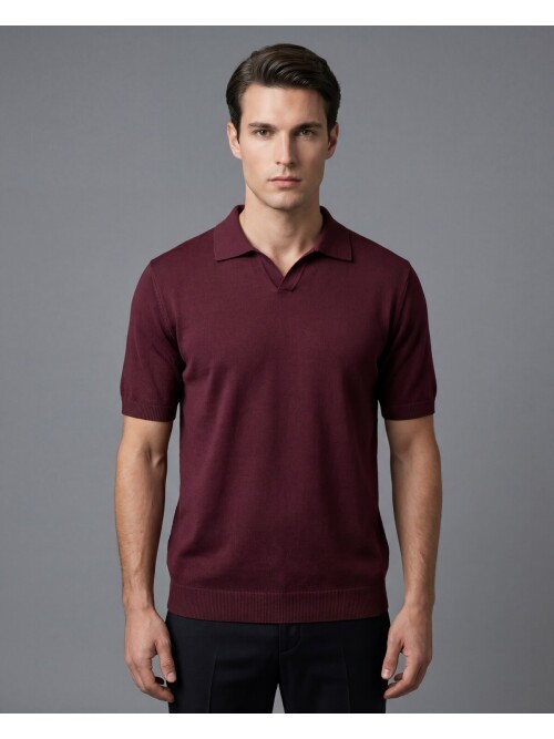 Burgundy Polo Neck 3-Button Short Sleeve Knit