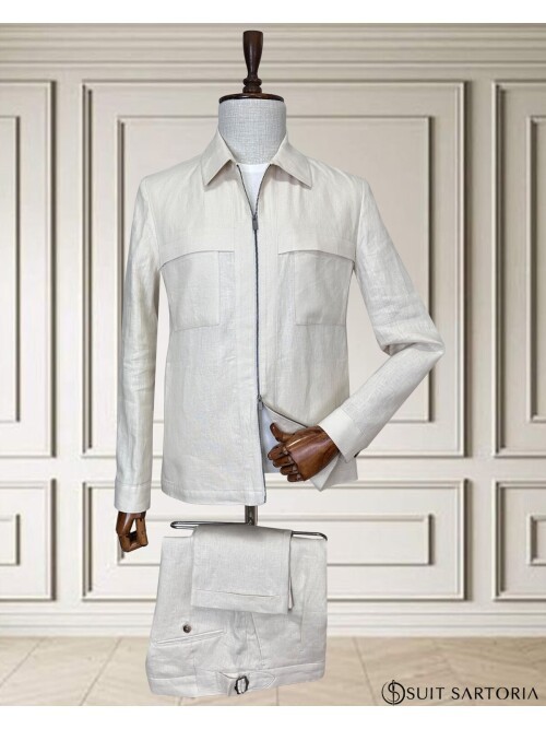 Açık Bej Keten Safari Takım Elbise