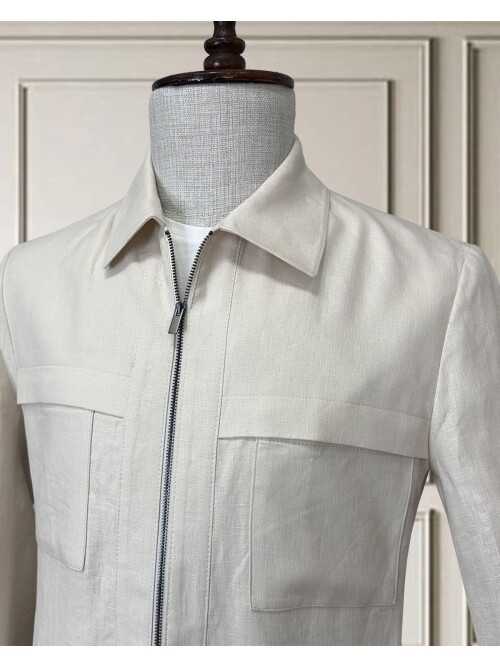 Açık Bej Keten Safari Takım Elbise