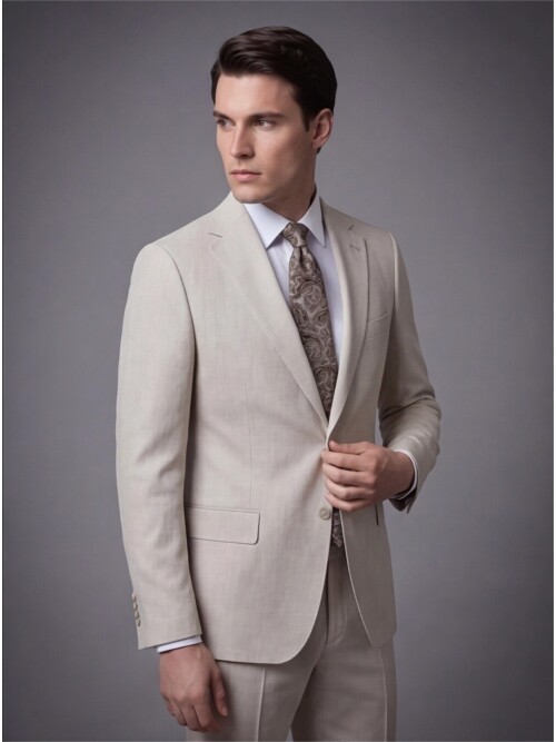 Açık Bej Mono Yaka İki Düğmeli Takım Elbise