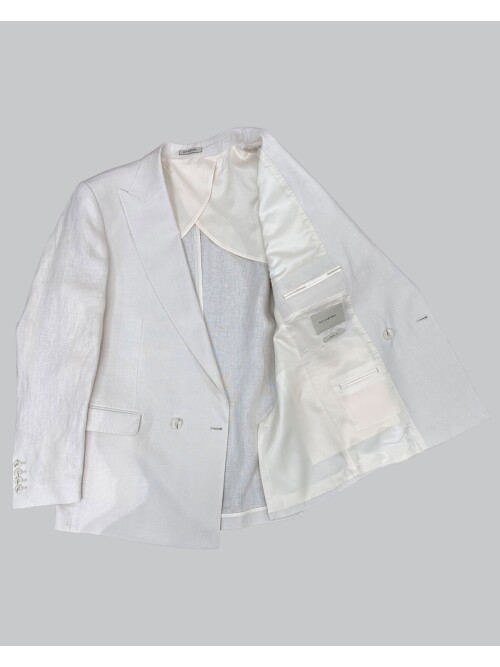 Açık Bej Sivri Yaka 2 Düğme Keten Takım Elbise