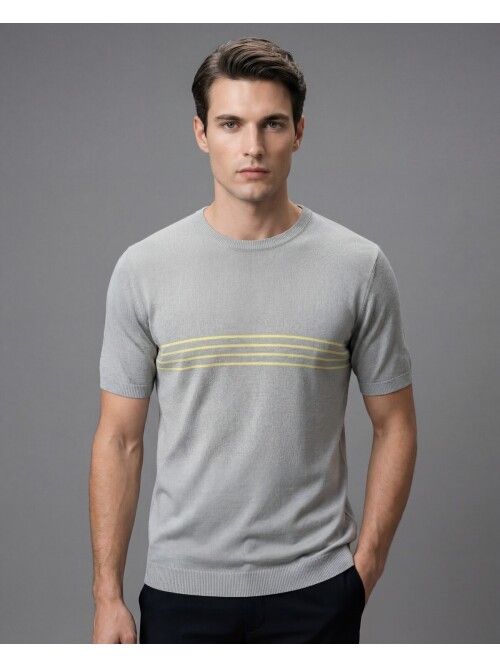 Açık Gri Bisiklet Yaka Çizgili Kısa Kollu Triko Tişört