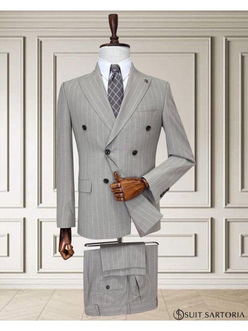 Light Grey Pinstripe Double-Breasted Men’s Suit
