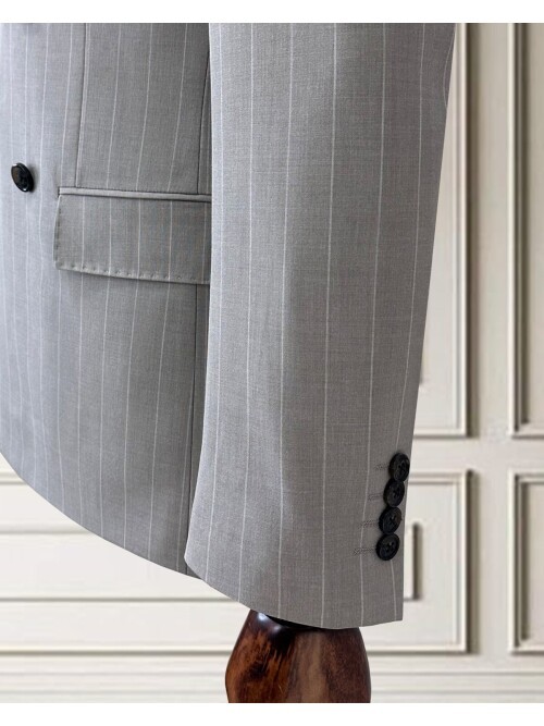 Light Grey Pinstripe Double-Breasted Men’s Suit