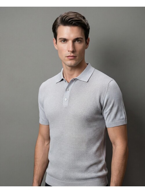 Light Grey Patterned Polo Neck 3-Button Short Sleeve Knit