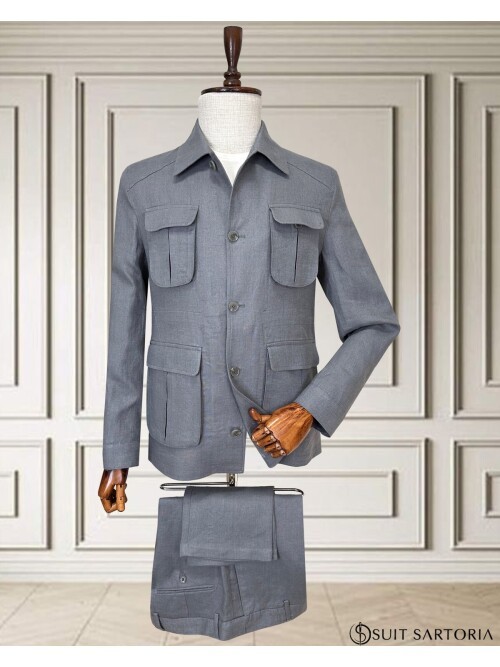 Açık Gri Keten Safari Model Dört Cepli Takım Elbise