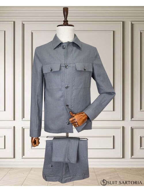 Açık Gri Keten Safari Takım Elbise