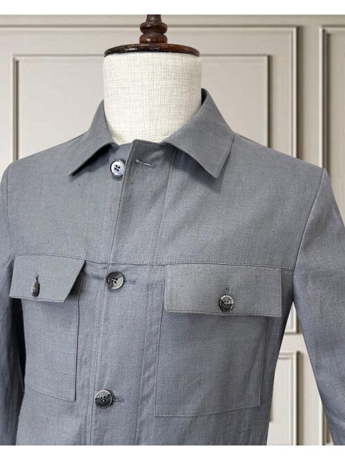 Açık Gri Keten Safari Takım Elbise