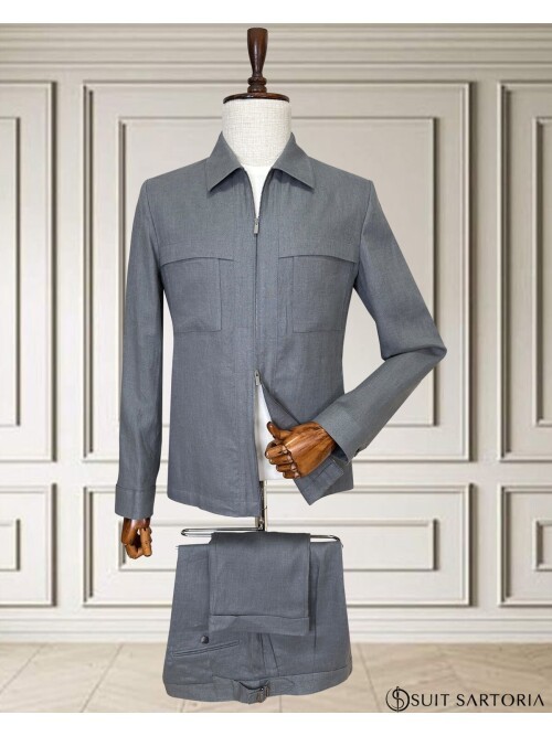 Açık Gri Keten Safari Takım Elbise