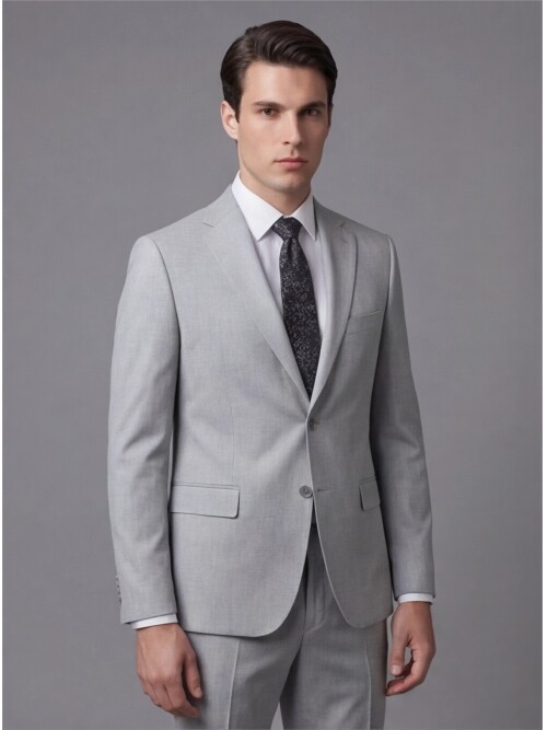 Açık Gri Mono Yaka İki Düğmeli Takım Elbise