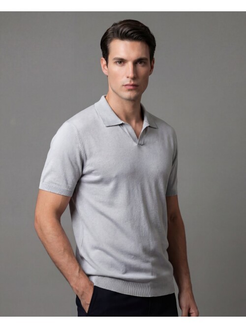 Light Grey Polo Neck 3-Button Short Sleeve Knit