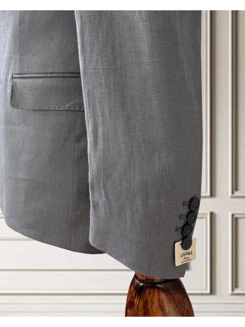 Açık Gri Sivri Yaka 2 Düğme Keten Takım Elbise