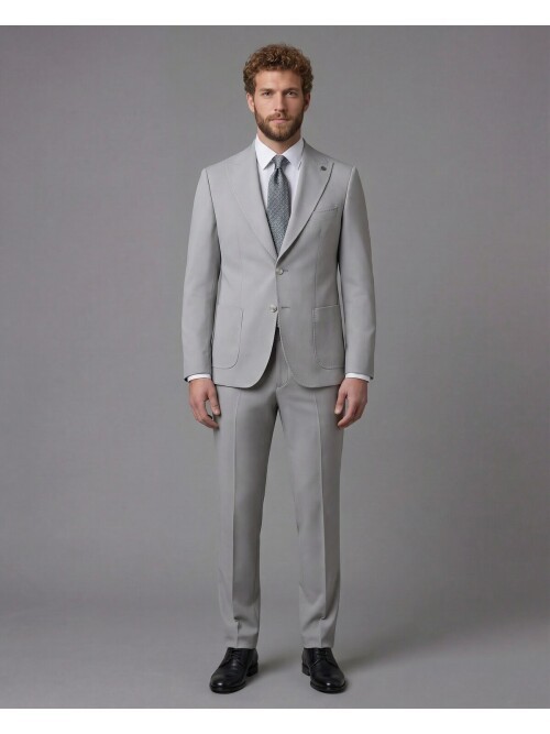 Light Grey Slim Fit Peak Lapel Patch Pocket Mens Suit