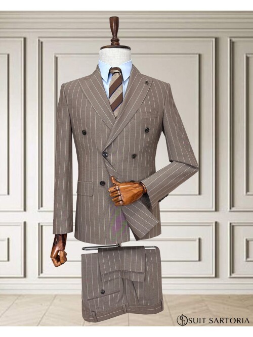 Light Brown Pinstripe Double-Breasted Men’s Suit