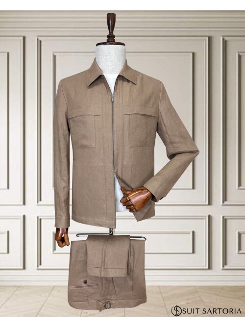 Açık Kahverengi Keten Safari Takım Elbise