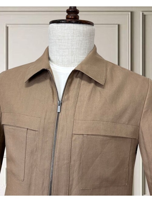 Açık Kahverengi Keten Safari Takım Elbise