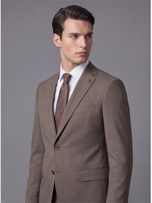 Açık Kahverengi Mono Yaka İki Düğmeli Takım Elbise