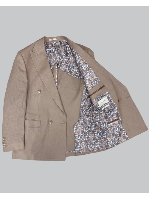 Açık Kahverengi Sivri Yaka 4 Düğme Keten Takım Elbise