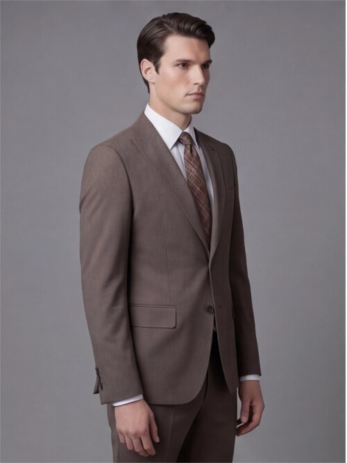 Açık Kahverengi Sivri Yaka İki Düğmeli Slim Fit Takım Elbise