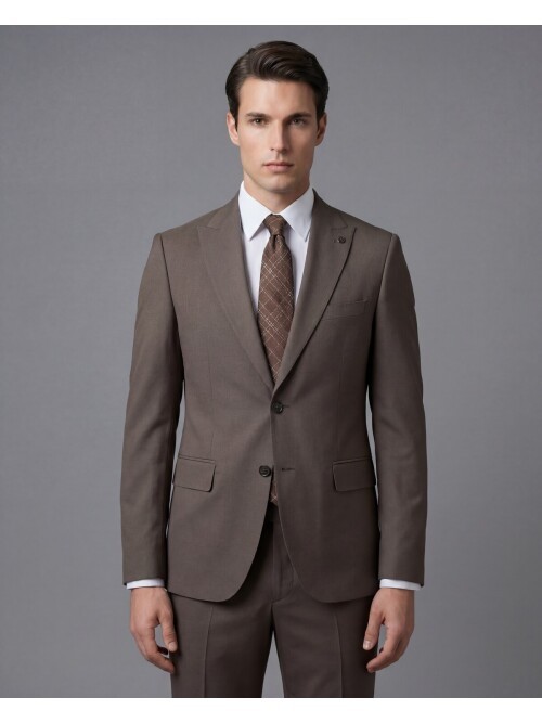 Açık Kahverengi Sivri Yaka İki Düğmeli Slim Fit Takım Elbise