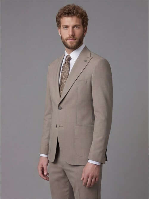 Light Brown Slim Fit Peak Lapel Patch Pocket Mens Suit