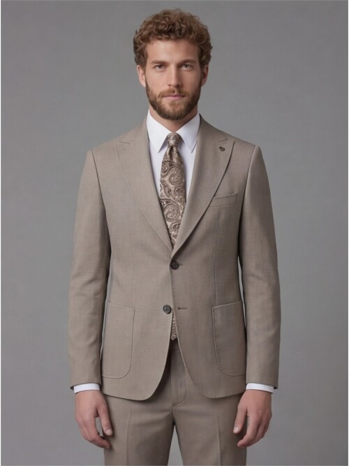 Light Brown Slim Fit Peak Lapel Patch Pocket Mens Suit