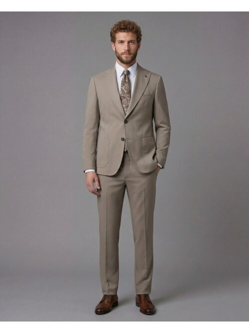 Light Brown Slim Fit Peak Lapel Patch Pocket Mens Suit