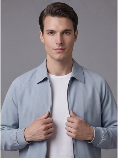 Açık Mavi Fermuarlı Gömlek Yaka Spor Takım