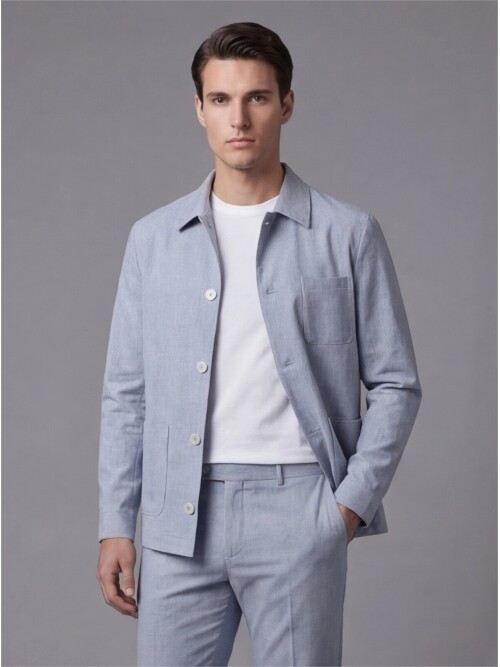 Açık Mavi Gömlek Yaka Düğmeli Torba Cepli Takım