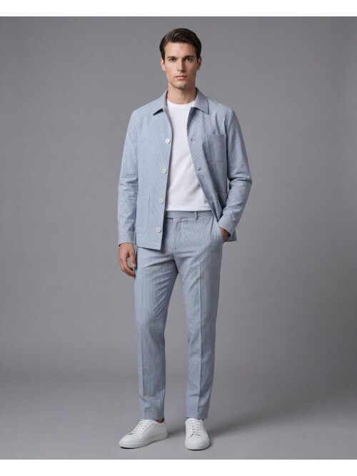 Açık Mavi Gömlek Yaka Düğmeli Torba Cepli Takım