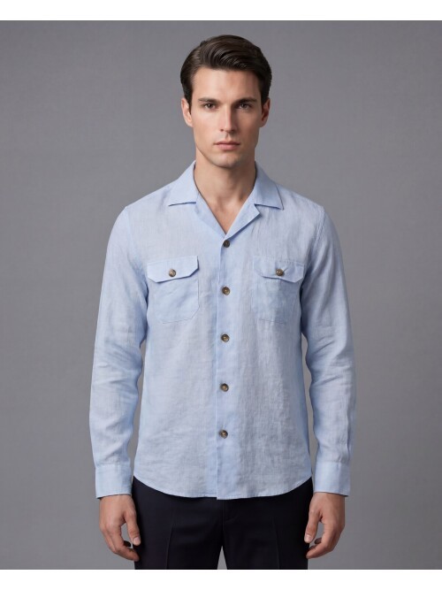 Açık Mavi Keten Kapaklı Cep Regular Fit Uzun Kollu Gömlek