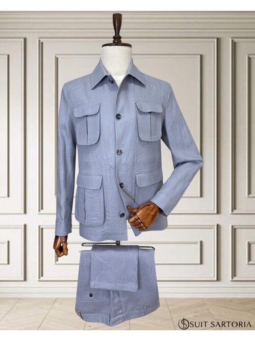 Açık Mavi Keten Safari Model Dört Cepli Takım Elbise