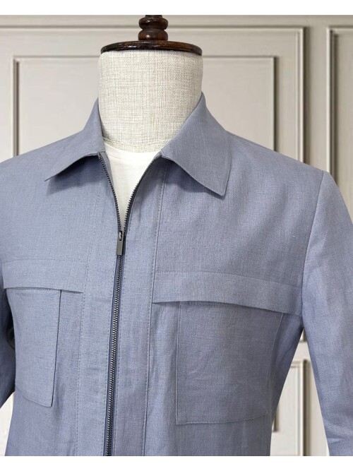 Açık Mavi Keten Safari Takım Elbise