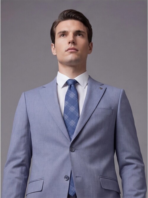 Açık Mavi Mono Yaka İki Düğmeli Takım Elbise