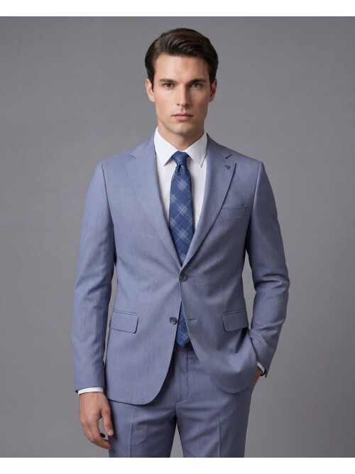 Açık Mavi Mono Yaka İki Düğmeli Takım Elbise