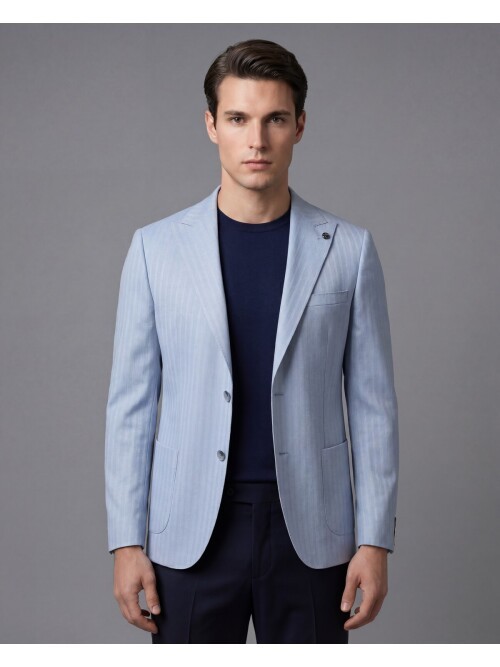 Light Blue Peak Lapel Patch Pocket Comfort Fit Jacket