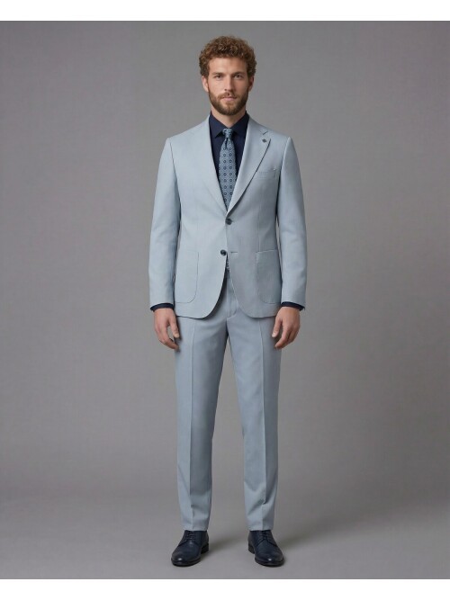 Light Blue Slim Fit Notch Lapel Suit with Patch Pockets