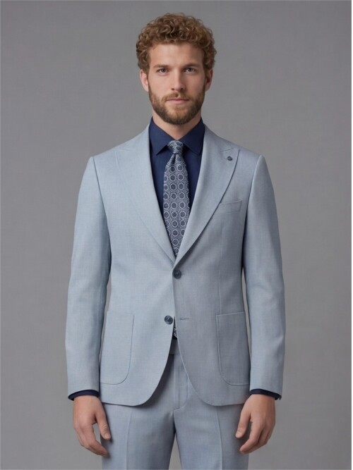 Light Blue Slim Fit Peak Lapel Patch Pocket Mens Suit