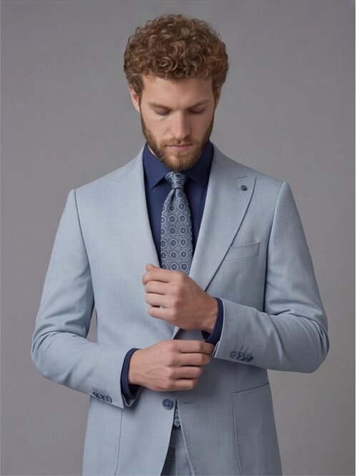 Light Blue Slim Fit Peak Lapel Patch Pocket Mens Suit