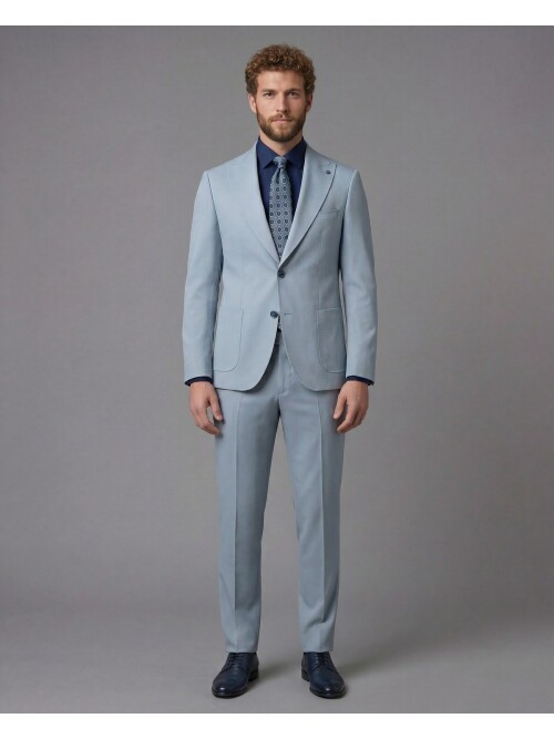 Light Blue Slim Fit Peak Lapel Patch Pocket Mens Suit