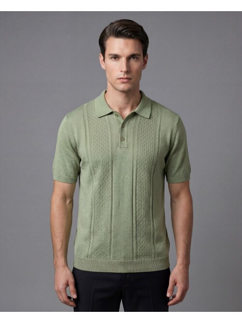 Açık Yeşil Dokulu 3 Düğmeli Polo Yaka Triko Tişört