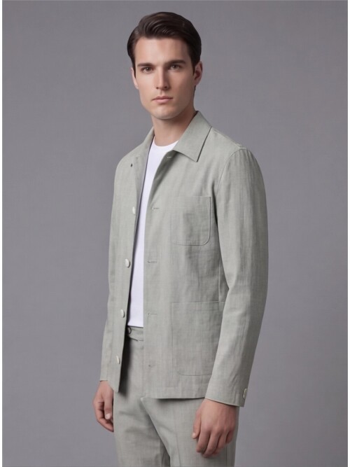 Açık Yeşil Gömlek Yaka Düğmeli Torba Cepli Takım